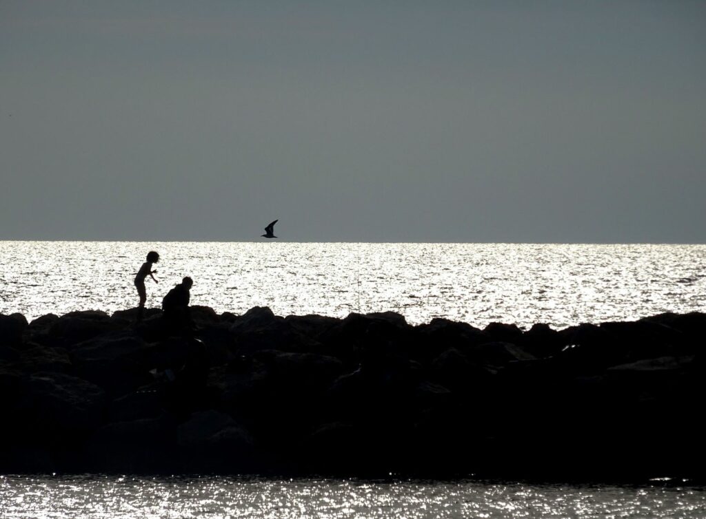 Deux enfants jouent sur une jetée près de Borély à Marseille. Un oiseau, parallèle à la mer, fonce dans le ciel.